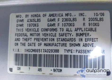 2007 Honda Accord 3.0 Ex z USA, uszkodzony, nr VIN 1HGCM66517A029388